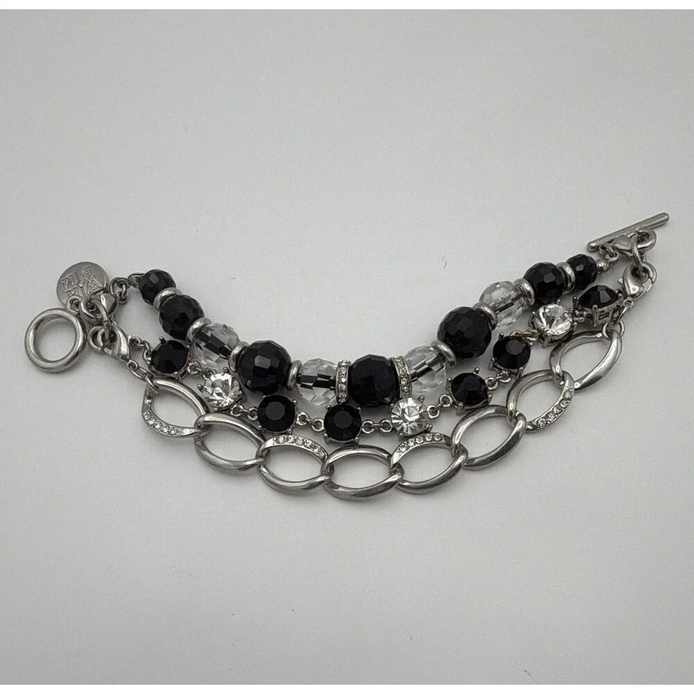 White House Black Market Signed Silver Tone Bead Charm Toggle Bracelet 7 in